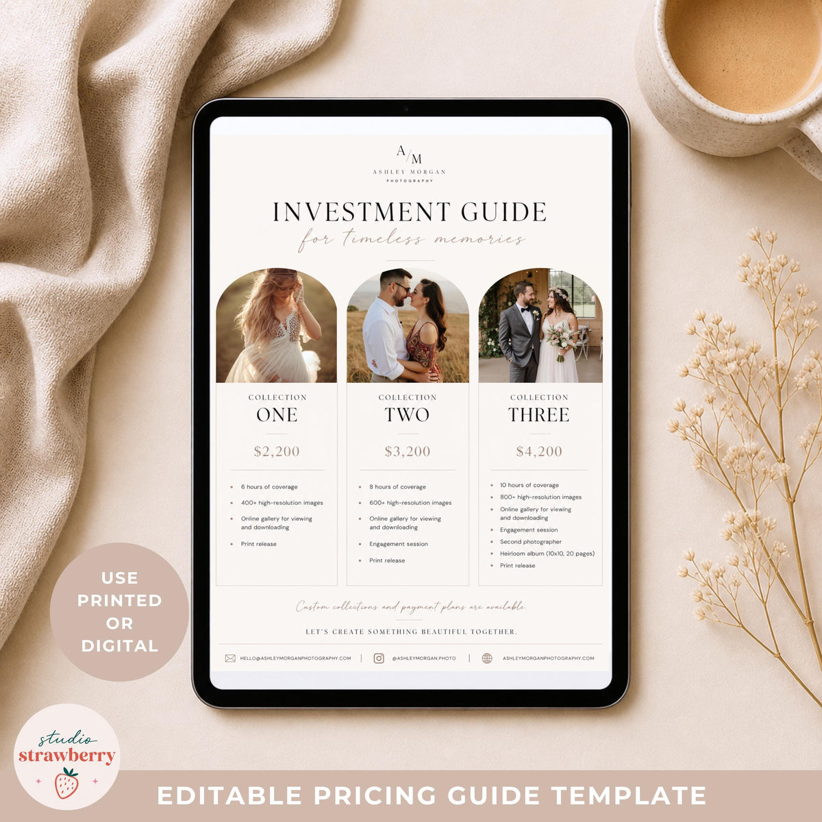 Photographer pricing guide template shown on iPad for digital wedding photography client guide use
