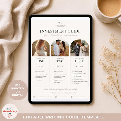 Photographer pricing guide template shown on iPad for digital wedding photography client guide use