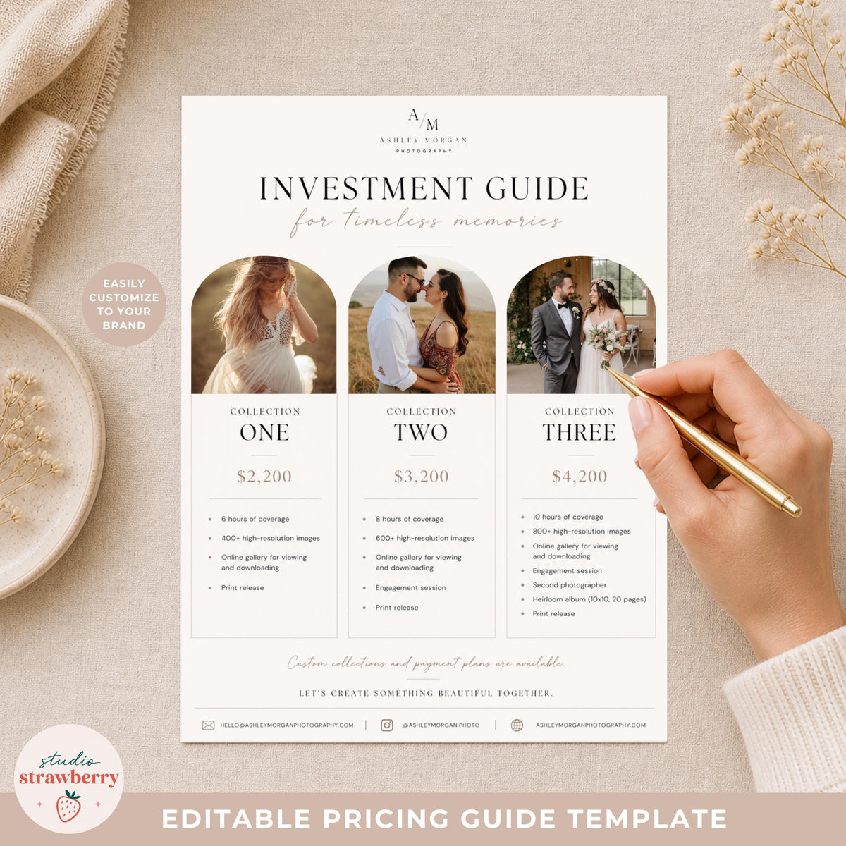 Fine art photographer pricing guide template with customizable wedding package pricing layout