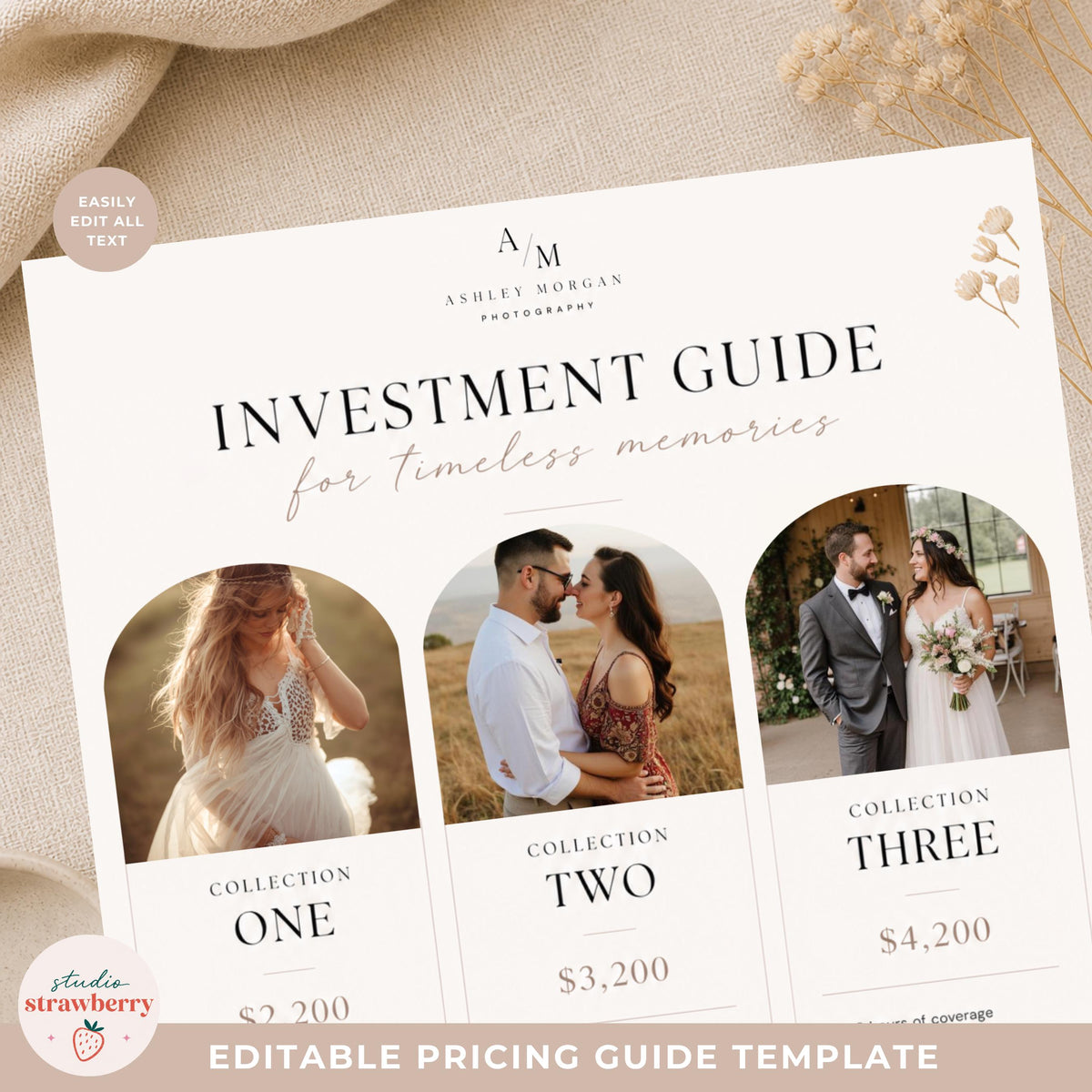Modern photographer pricing list template featuring wedding photography packages and editable text