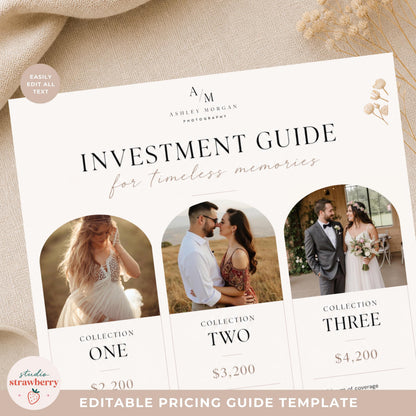 Modern photographer pricing list template featuring wedding photography packages and editable text