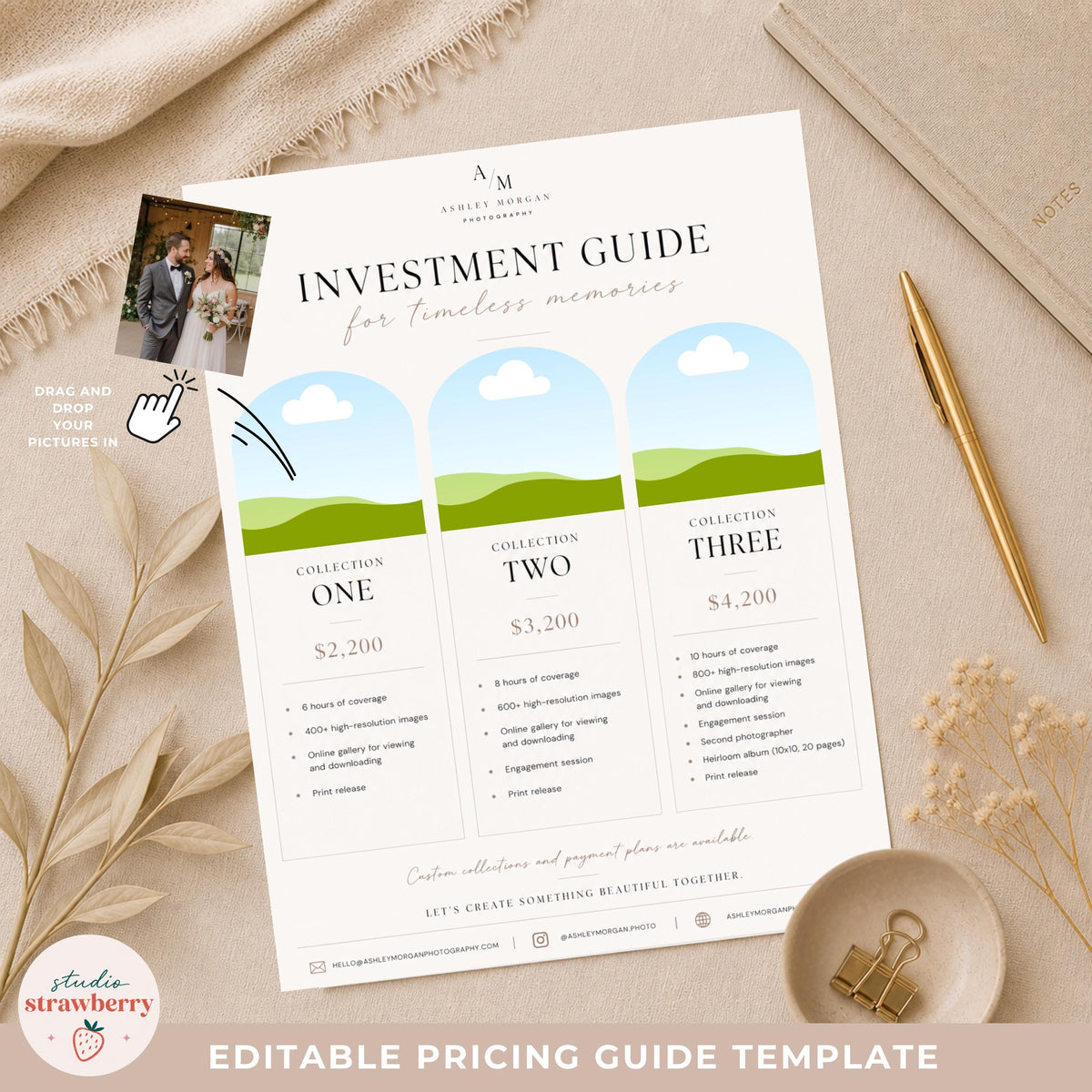 Wedding photographer client pricing guide template with soft beige luxury branding aesthetic