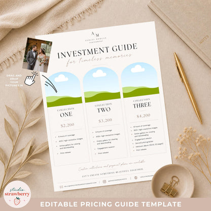 Wedding photographer client pricing guide template with soft beige luxury branding aesthetic