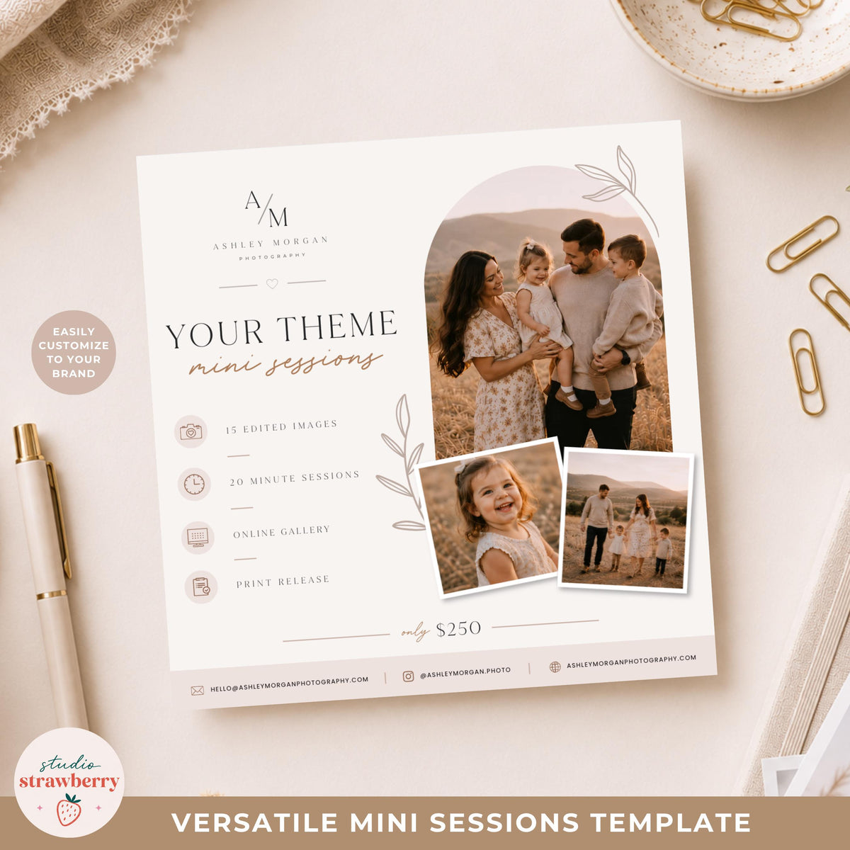 Editable mini sessions template for family photographers with neutral beige design in Canva