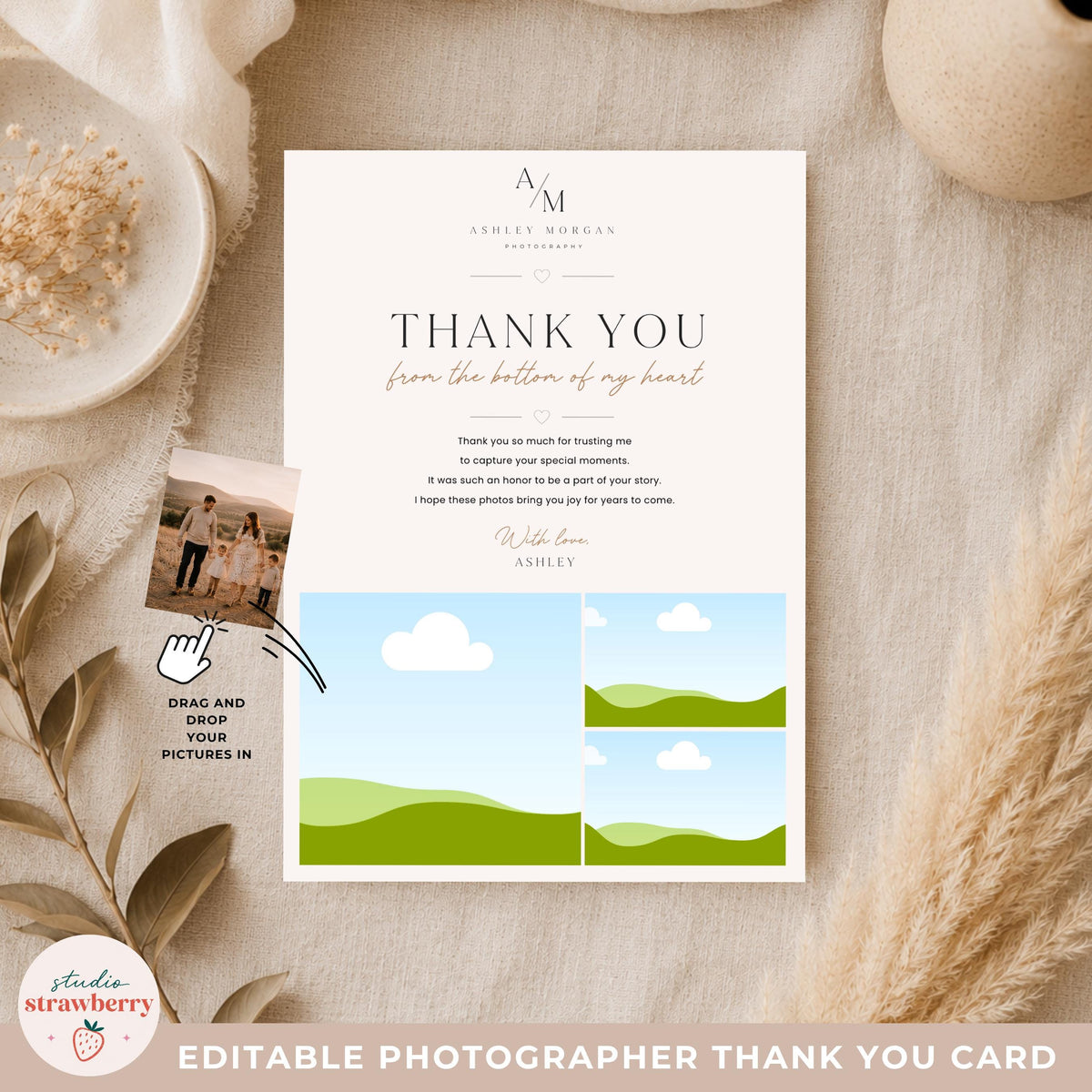 Minimal photographer thank you card template designed for modern photography businesses