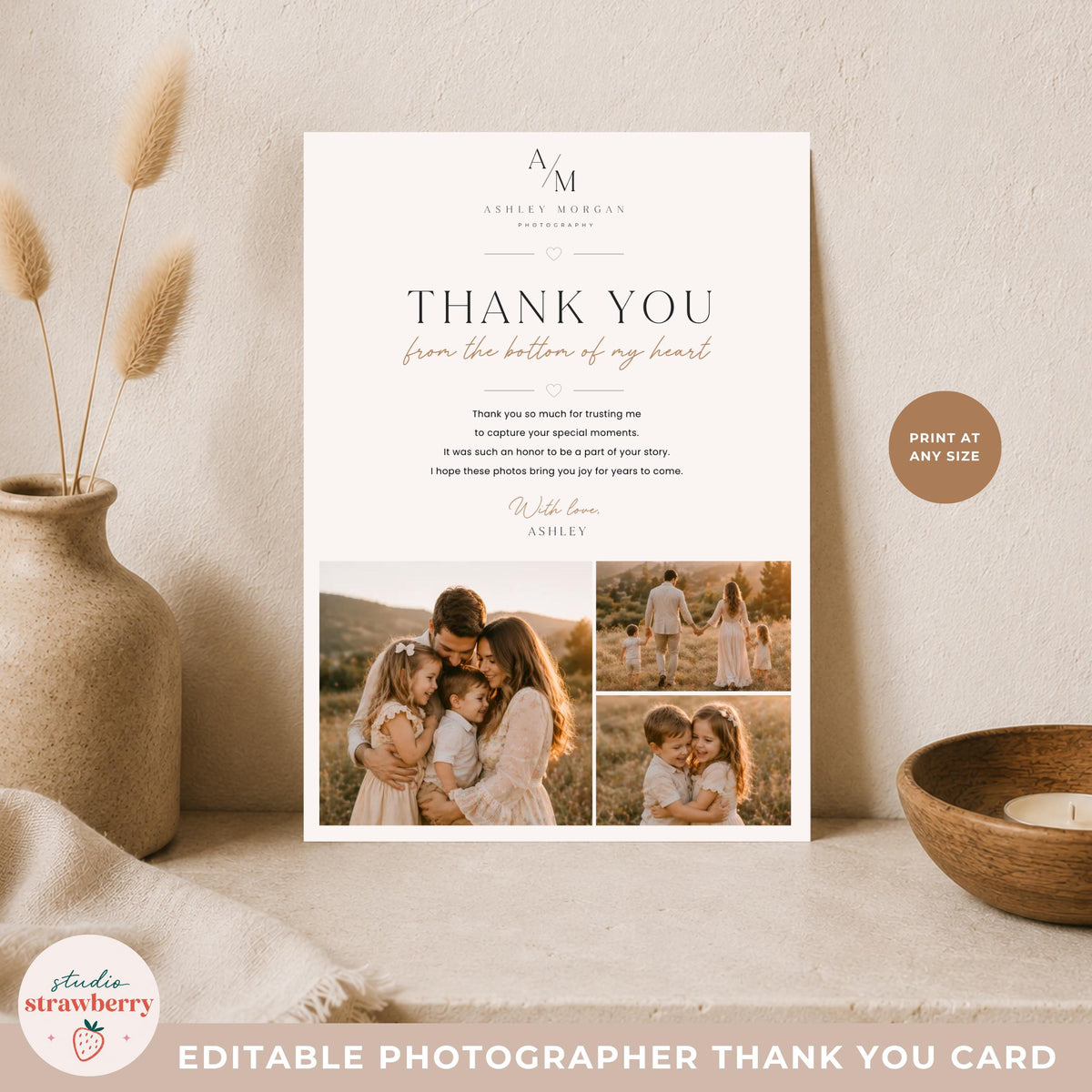 Photography client thank you card template with photo collage layout for family photographers