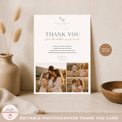 Photography client thank you card template with photo collage layout for family photographers