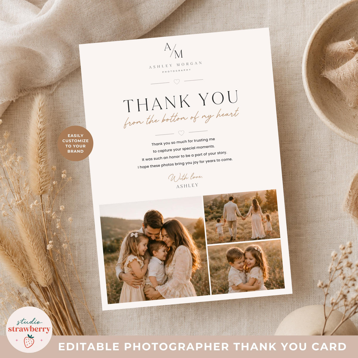 Editable photographer thank you card Canva template with elegant neutral design for photography clients