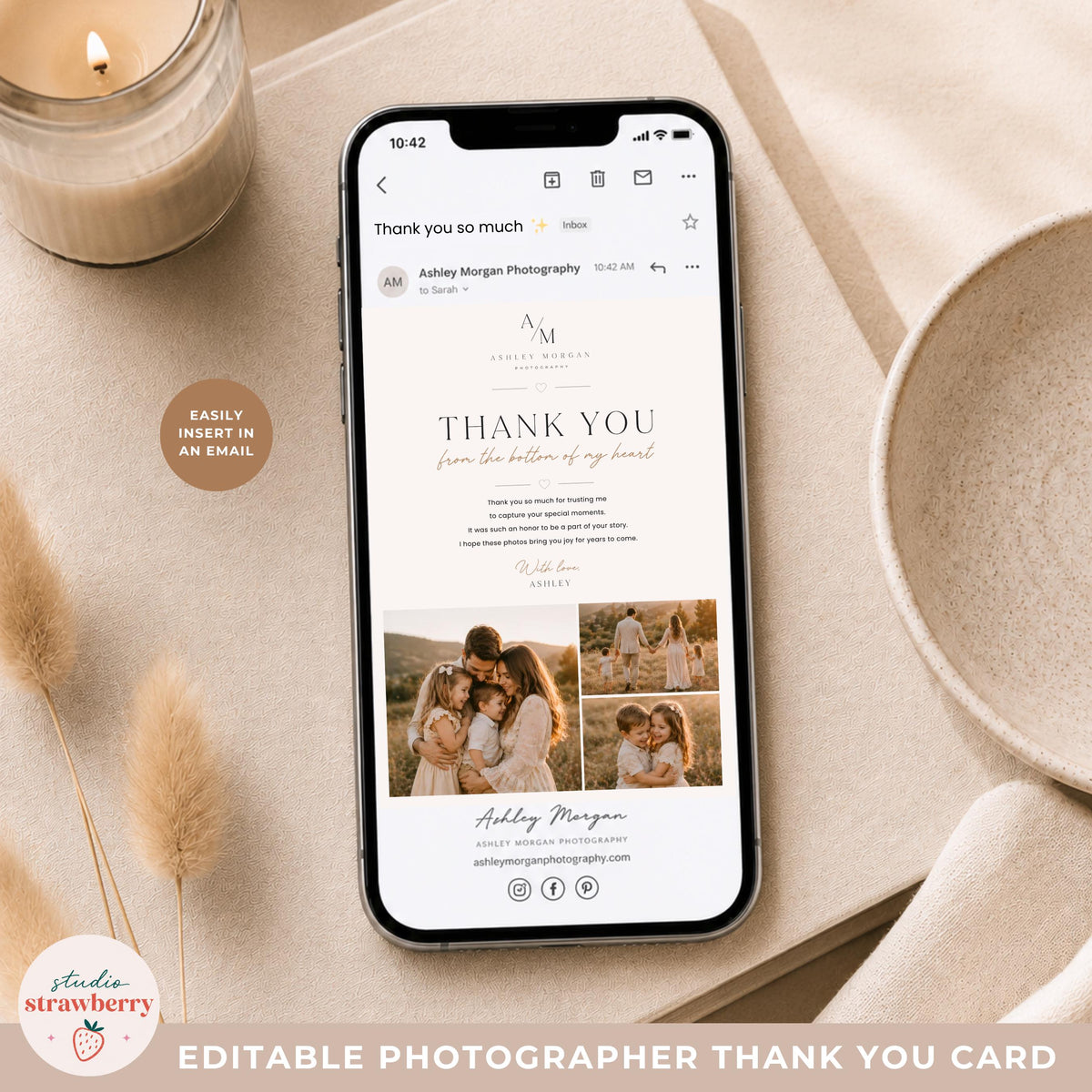 Photography business thank you card mockup shown inside mobile email for digital client delivery