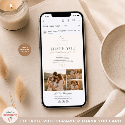 Photography business thank you card mockup shown inside mobile email for digital client delivery