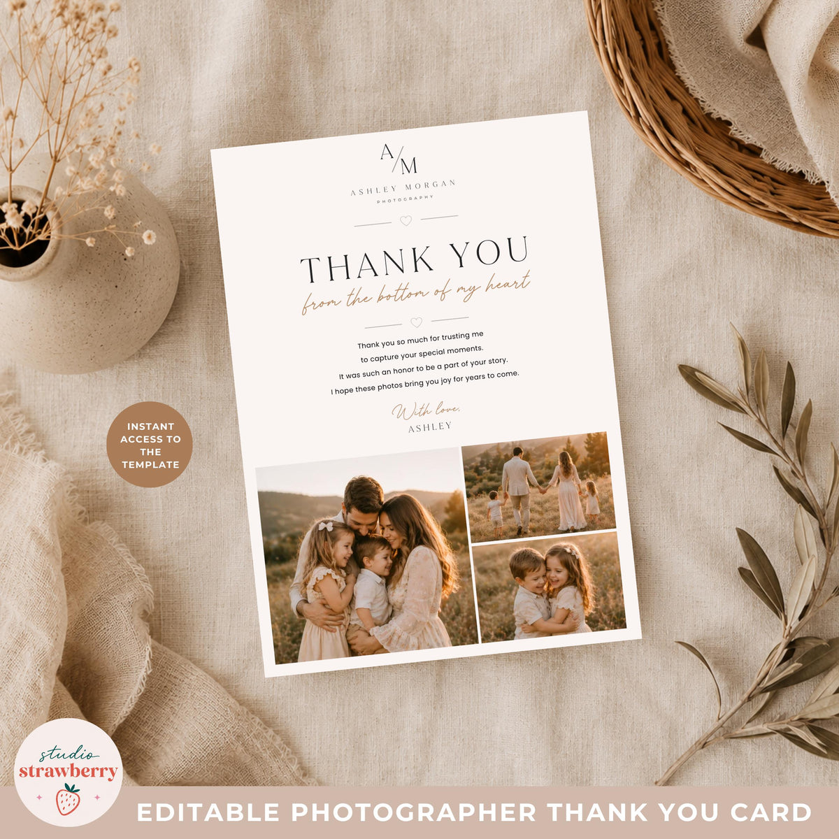 Printable thank you card for photographers with customizable text and branding in Canva