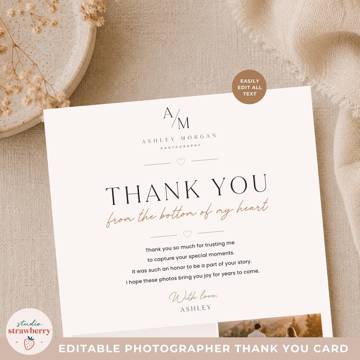 Photography thank you note template with elegant typography and customizable photo collage section