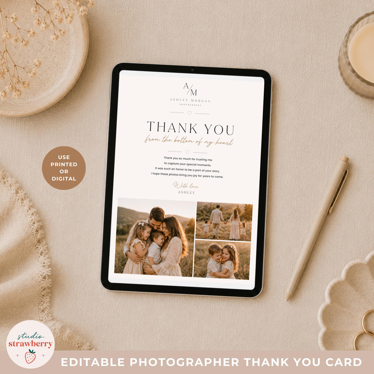 Family photography thank you card Canva template for client appreciation and referral marketing