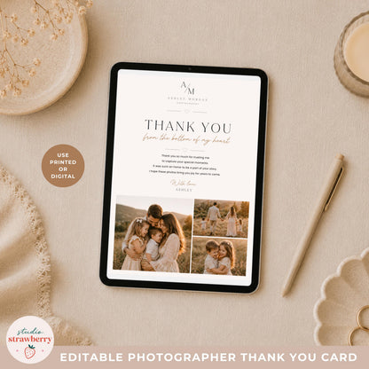 Family photography thank you card Canva template for client appreciation and referral marketing