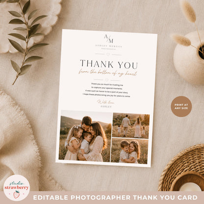 Editable photography business card insert style thank you template for client gifts and packages