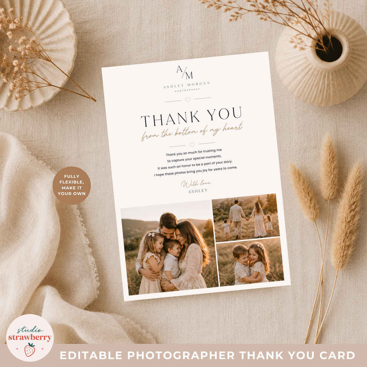 Modern photo thank you card template for photographers with editable background colors and fonts