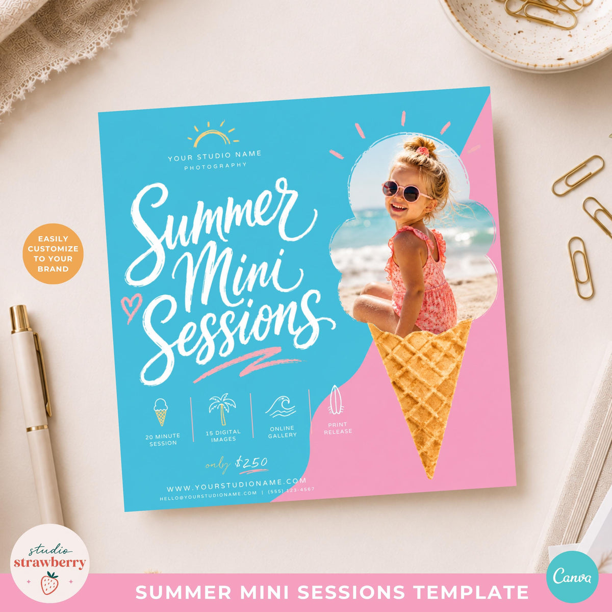 Summer mini sessions template with ice cream photo frame for photographers promoting seasonal photo sessions