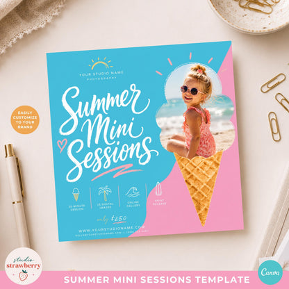 Summer mini sessions template with ice cream photo frame for photographers promoting seasonal photo sessions