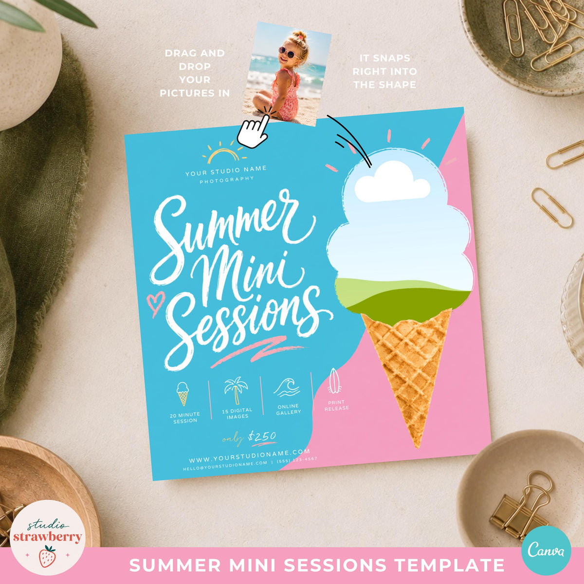 Summer minis marketing template designed in Canva for family and children photography sessions