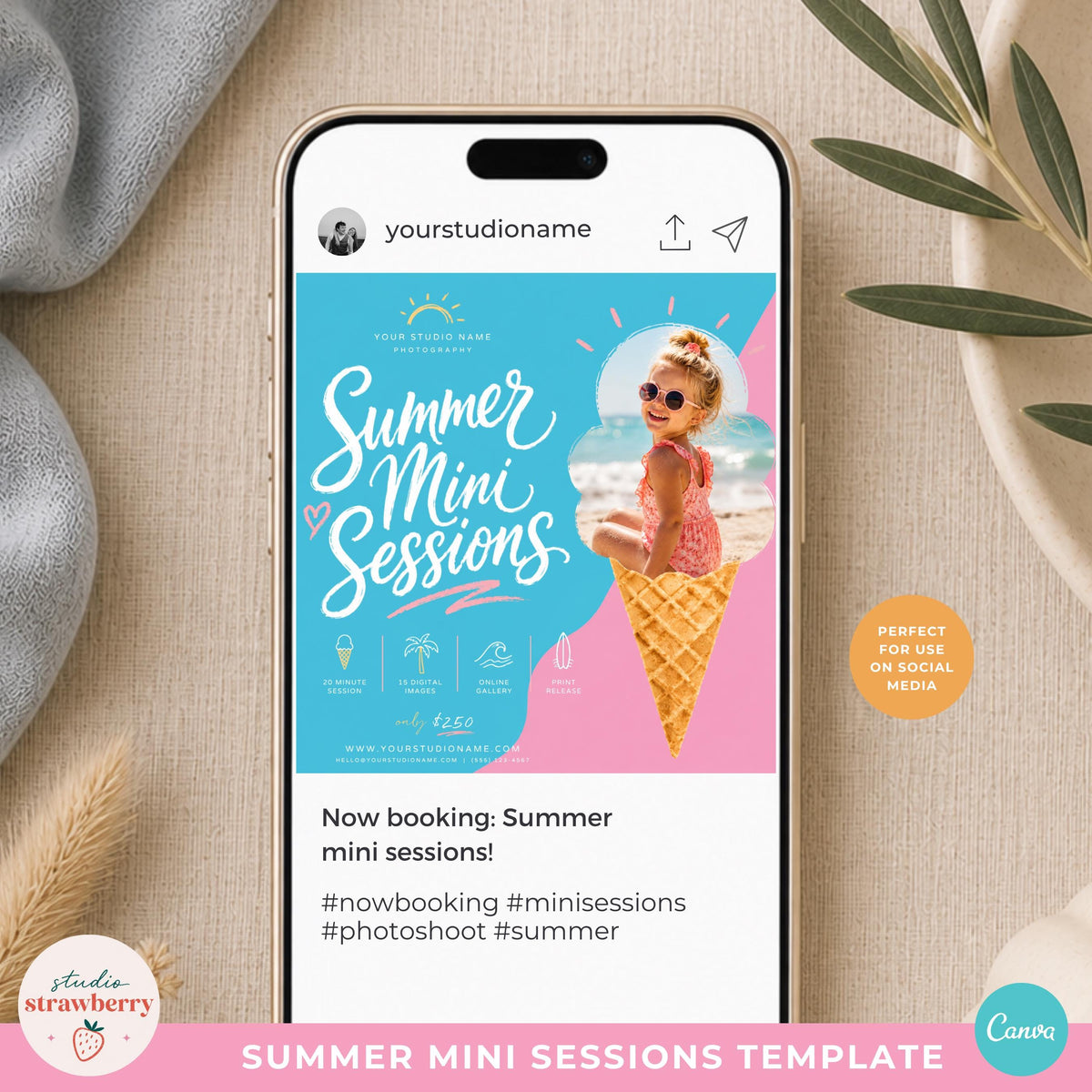Beach mini sessions template for photographers advertising summer photo shoots and bookings