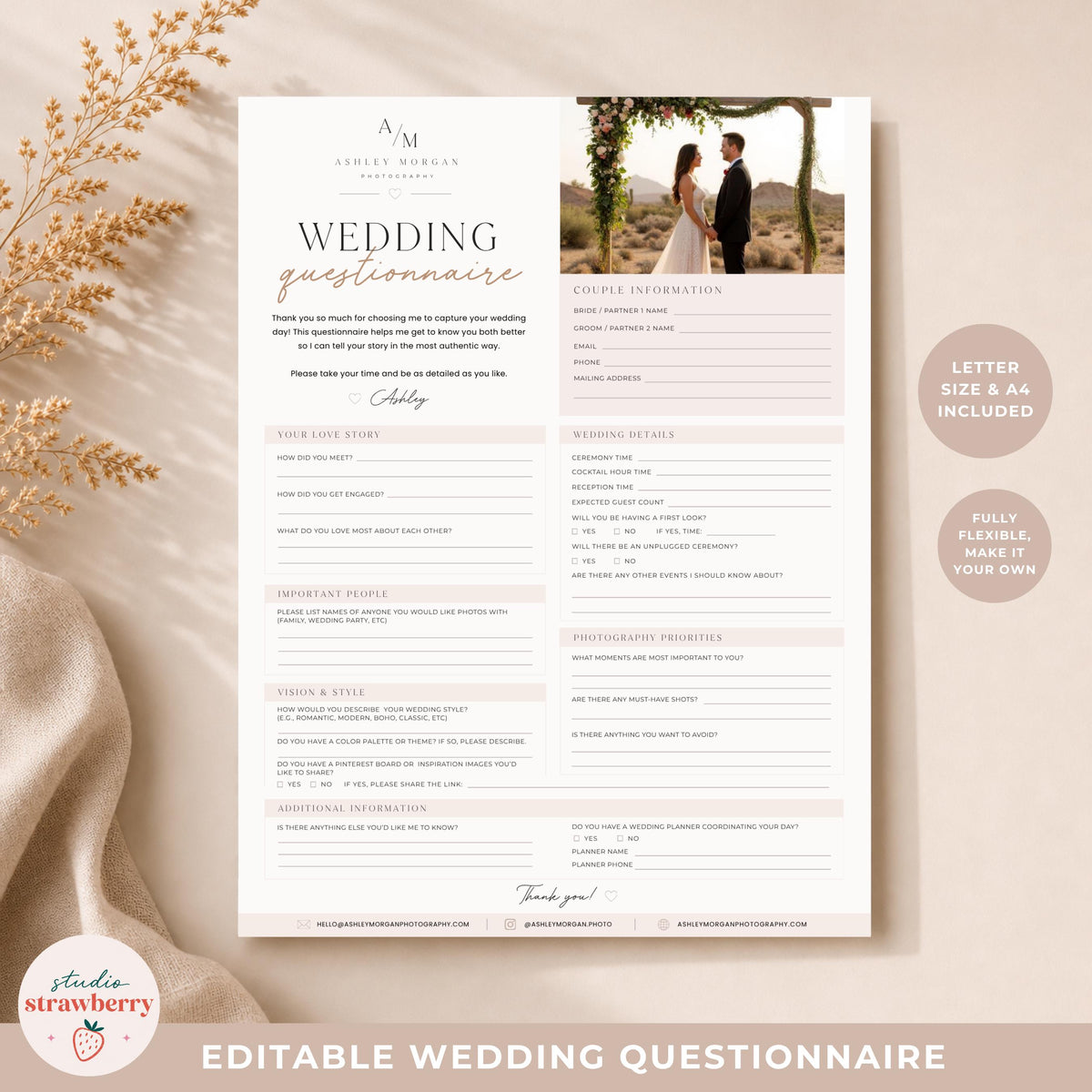 Editable Wedding Questionnaire Template Canva, Wedding Photographer Intake Form, Printable Bridal Client Form C02