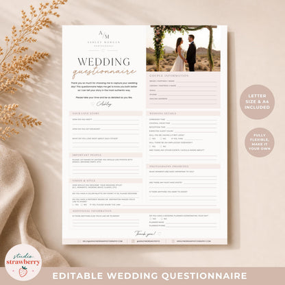 Editable Wedding Questionnaire Template Canva, Wedding Photographer Intake Form, Printable Bridal Client Form C02