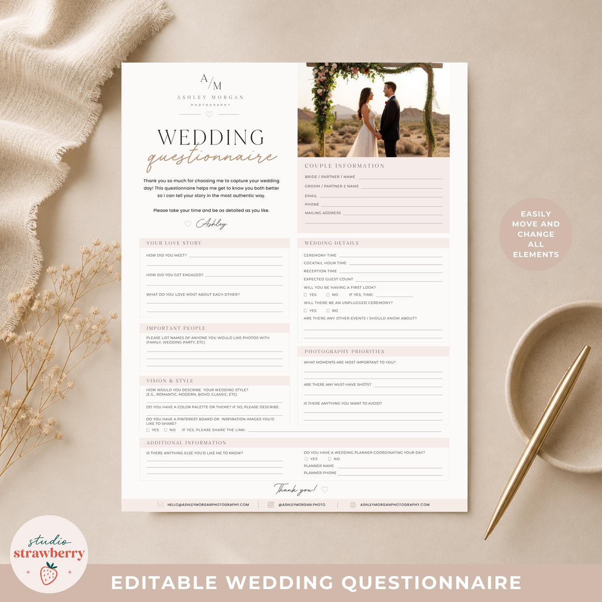 Editable Wedding Questionnaire Template Canva, Wedding Photographer Intake Form, Printable Bridal Client Form C02