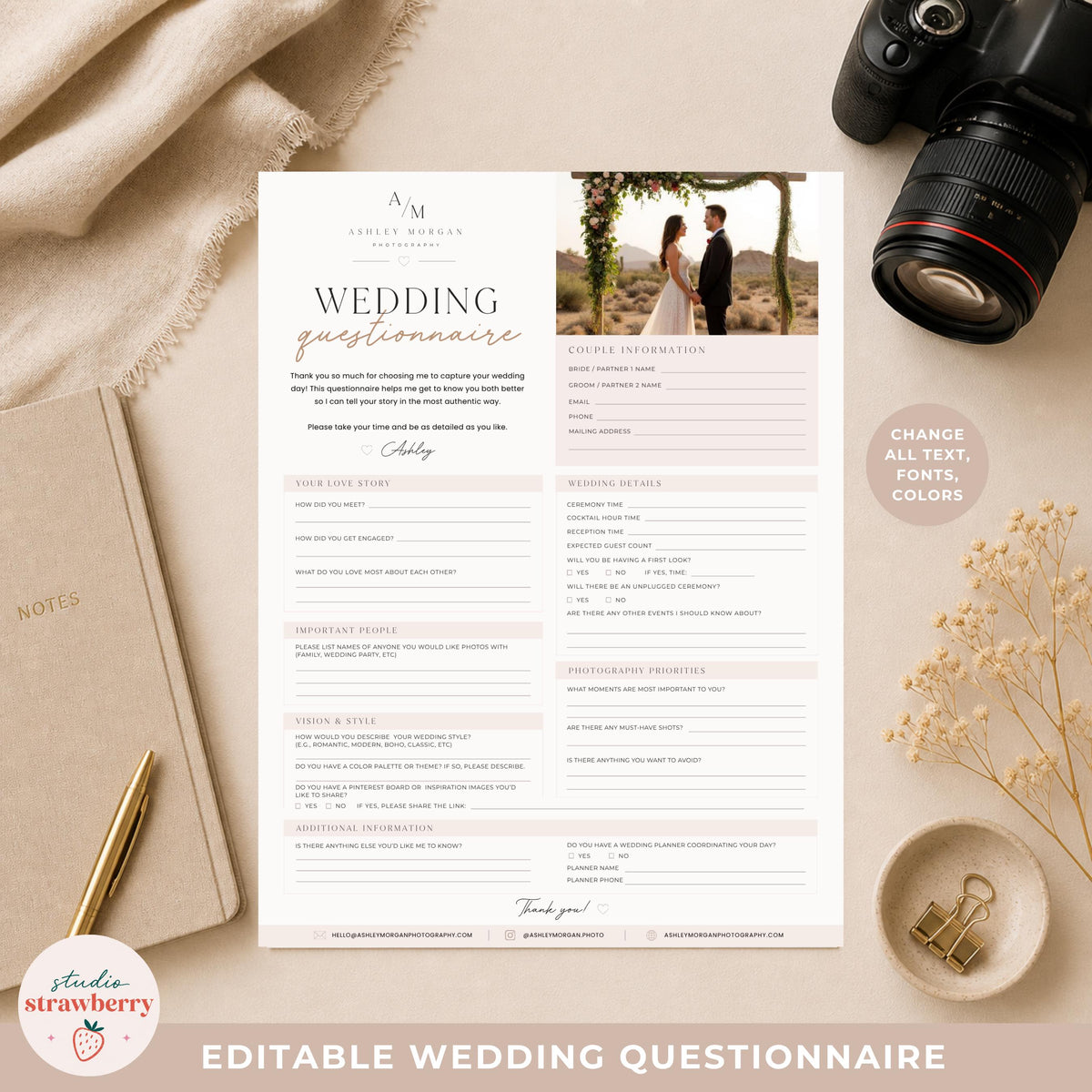 Editable Wedding Questionnaire Template Canva, Wedding Photographer Intake Form, Printable Bridal Client Form C02