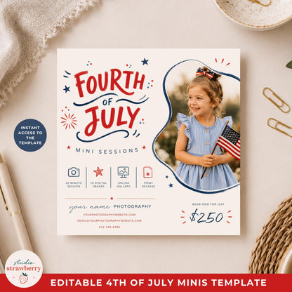 Fourth of July photography marketing template with editable text and photo layout for photographers