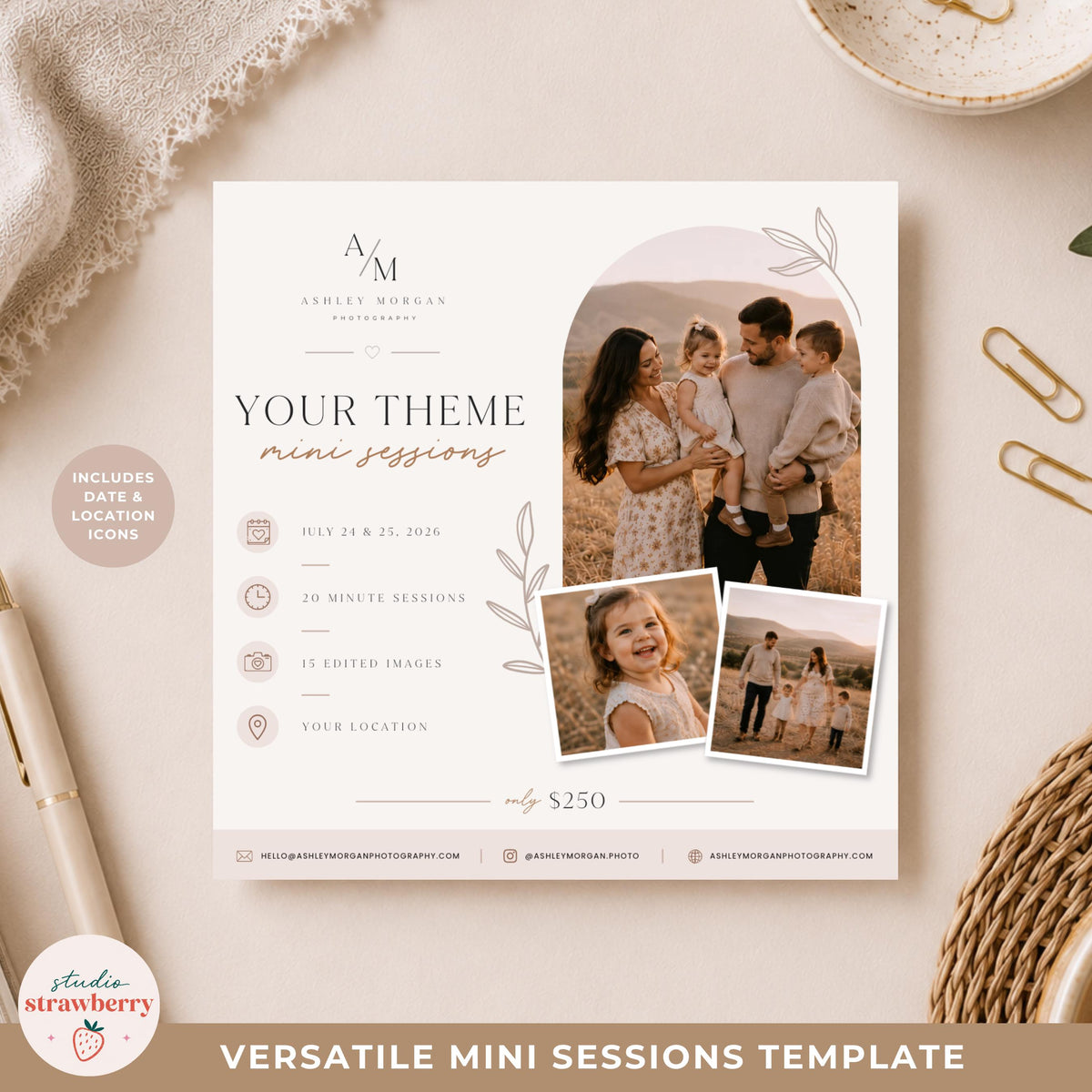 Canva mini session template with customizable icons for date and location details