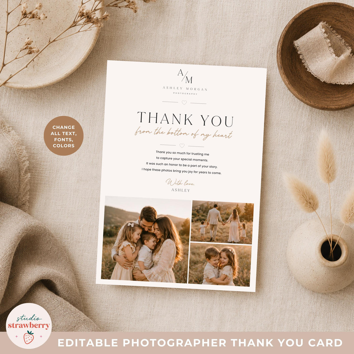 Luxury boho photographer thank you card template with warm neutral aesthetic and collage photos