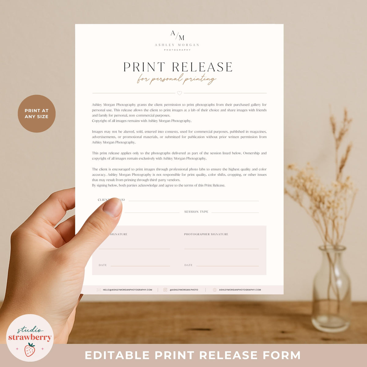 Editable print release form for photography business paperwork