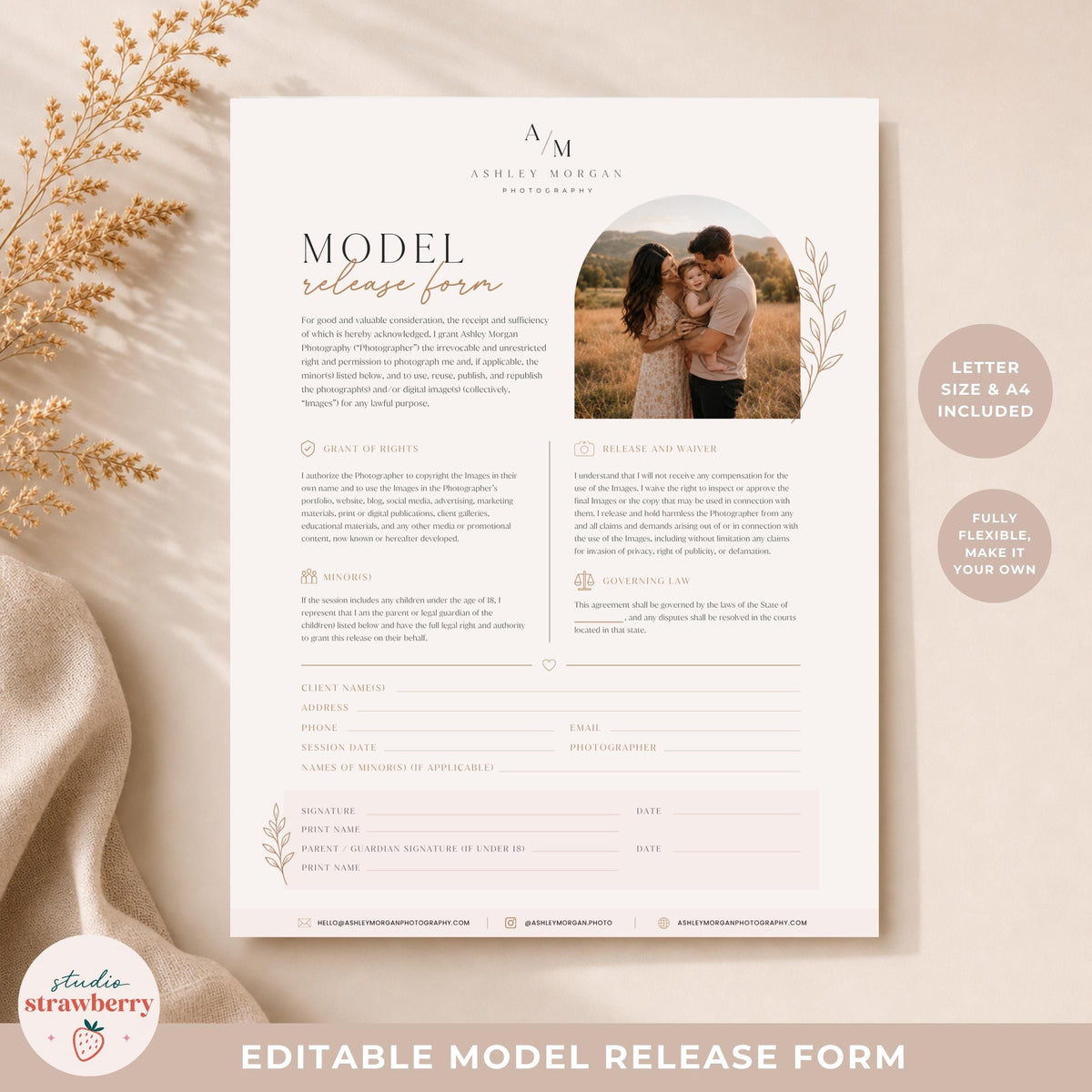 Editable photographer model release form Canva template for portrait and family photographers