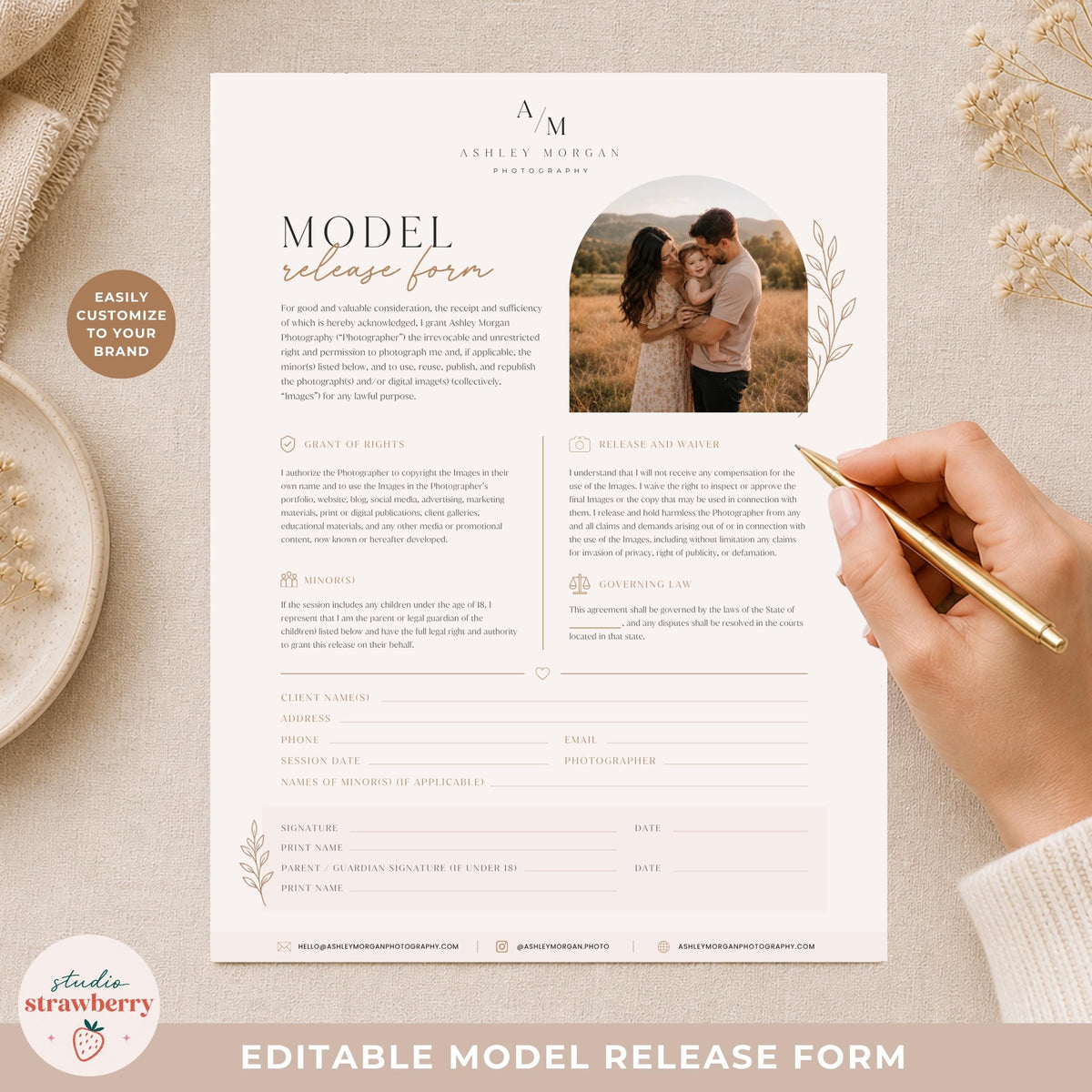 Aesthetic boho photographer paperwork template with editable layout