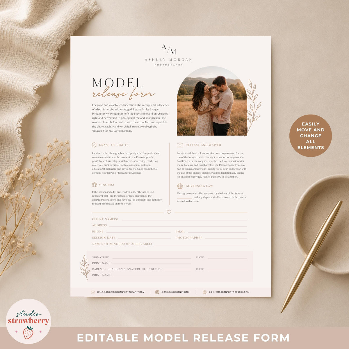 Digital model release form template for wedding and portrait photographers