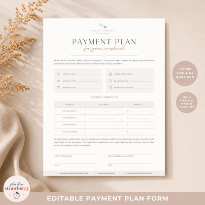 Photography payment agreement template for client payment arrangements and installment plans