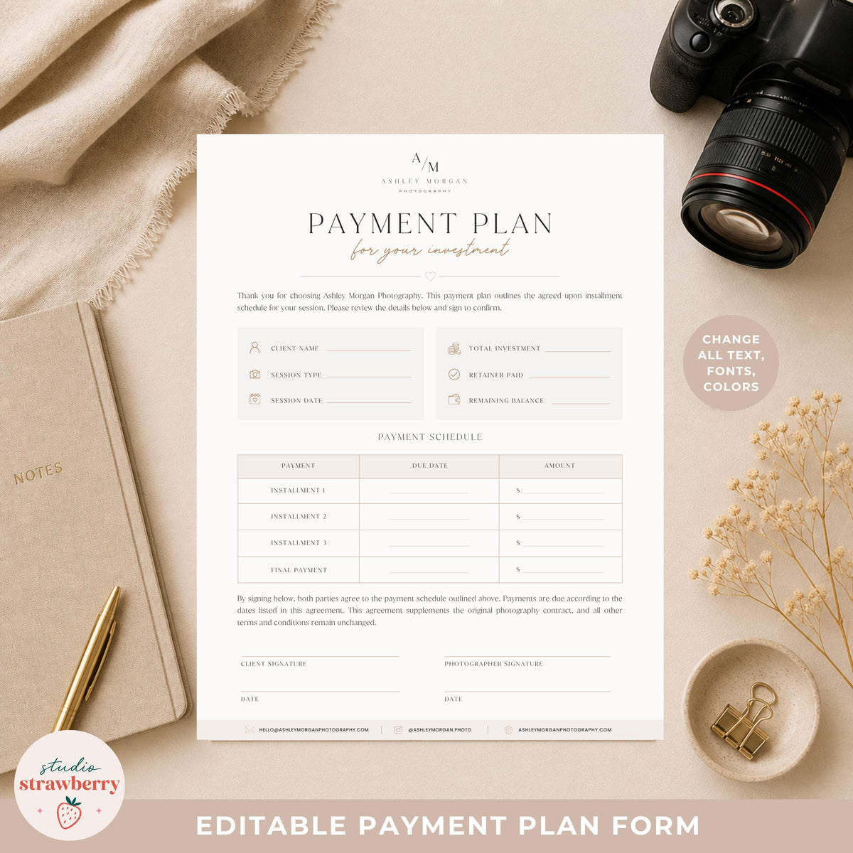 Session payment plan form template designed for photography client agreements