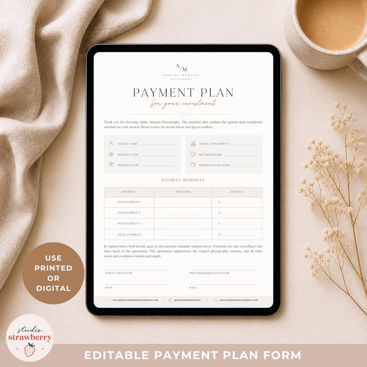 Photographer payment schedule form for tracking session payments and due dates