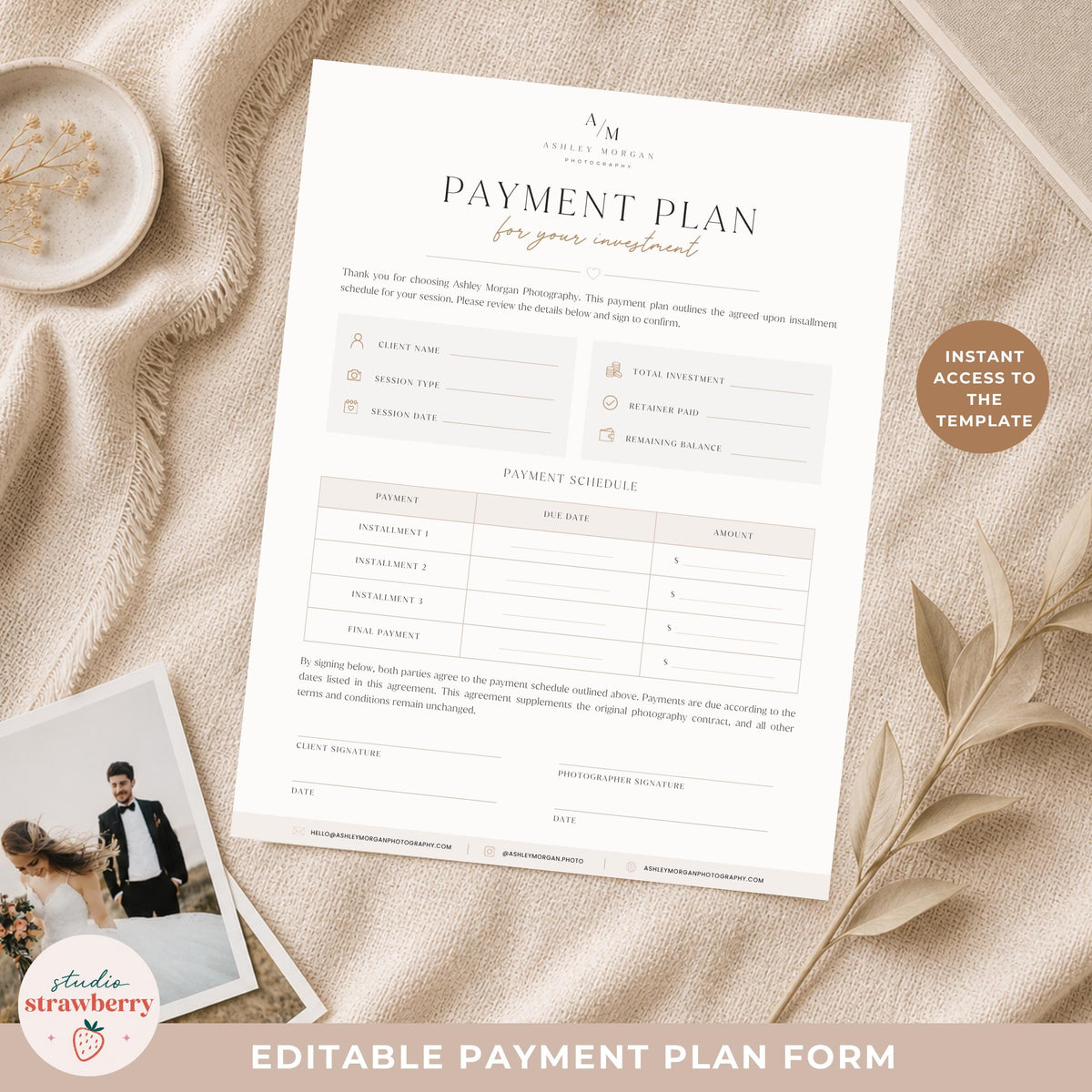 Canva payment plan template for photographers with editable text and branding