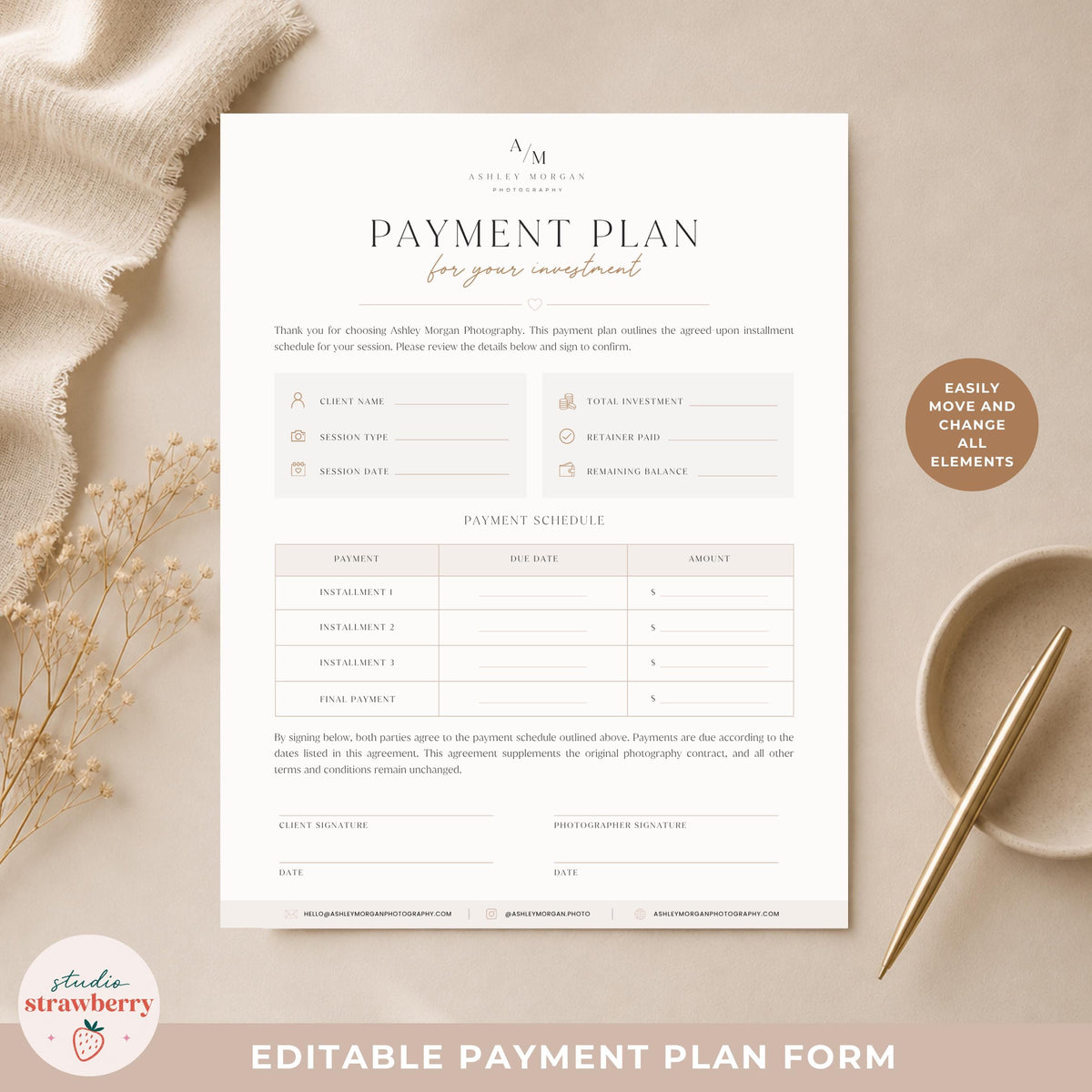 Wedding photographer payment plan template for managing installment payments