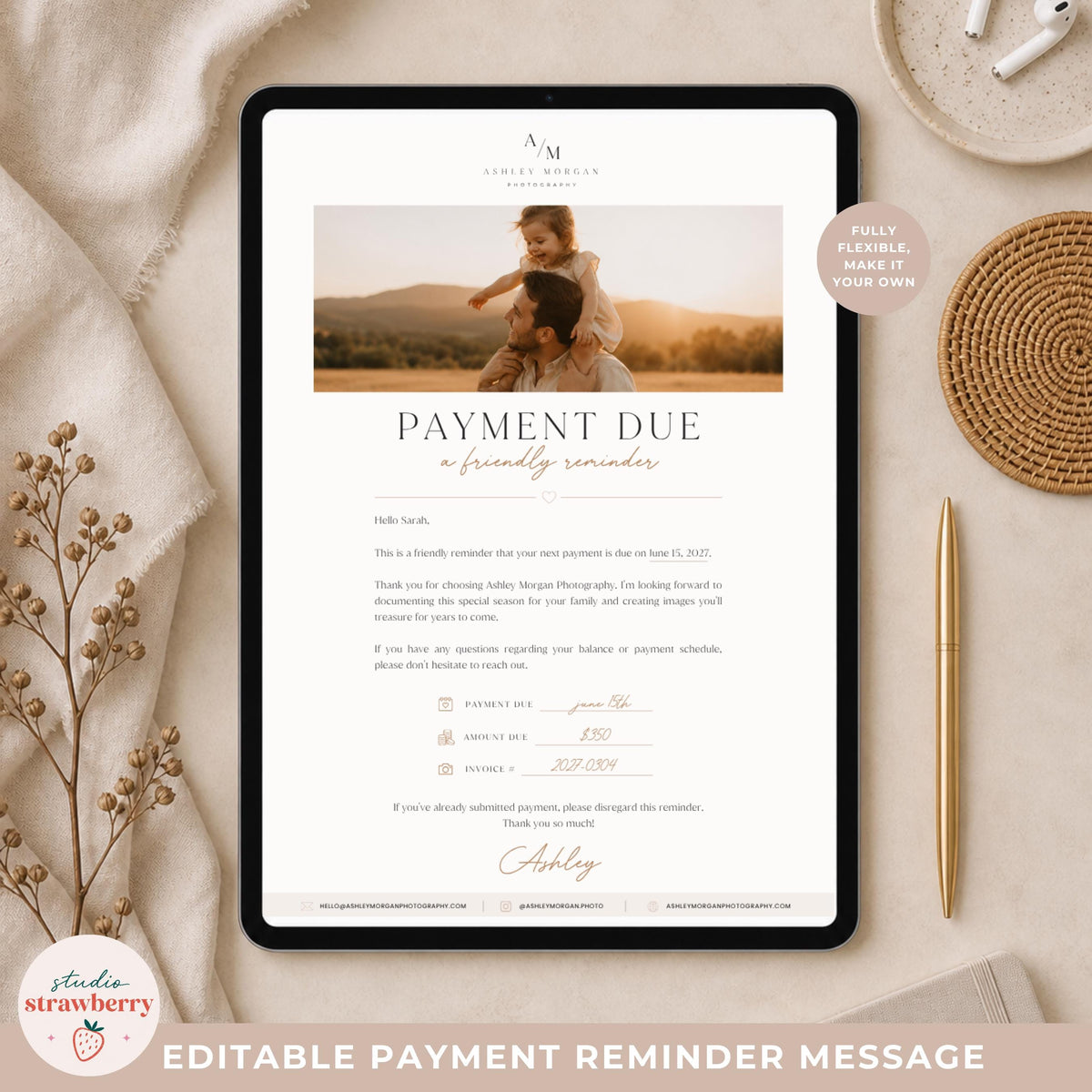 Editable payment reminder template for photographers displayed on tablet mockup with neutral styled workspace