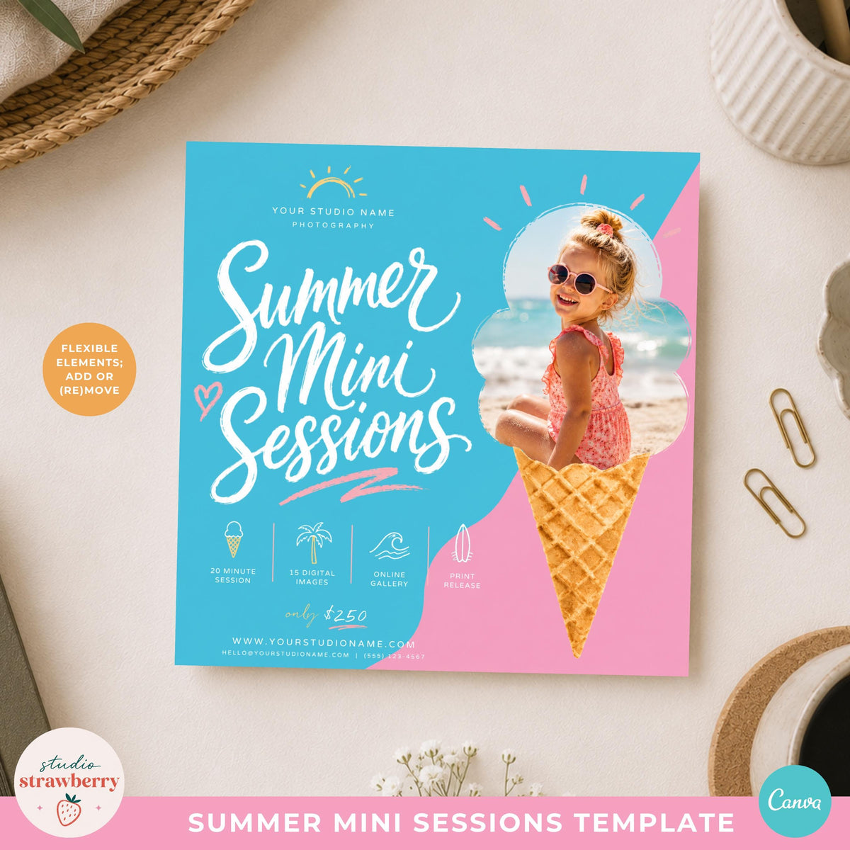 Ice cream mini sessions template with editable photo placeholder and colorful summer design
