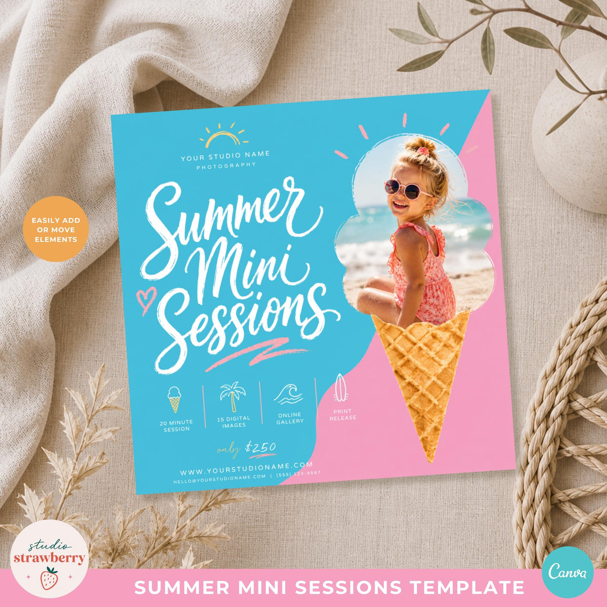 Summer photo session flyer designed for family photographers offering seasonal mini sessions