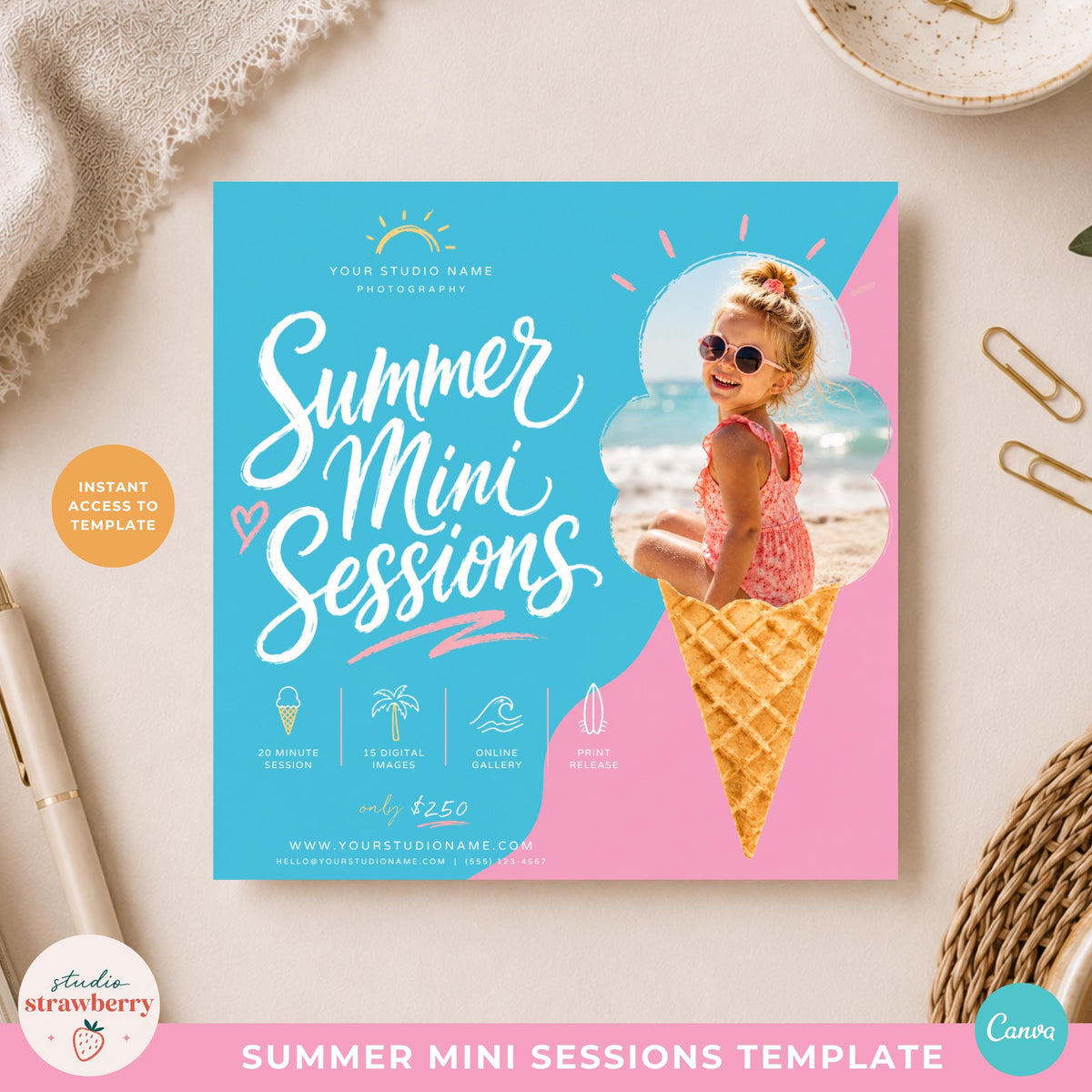 Summer photography marketing template featuring handwritten lettering and playful beach theme