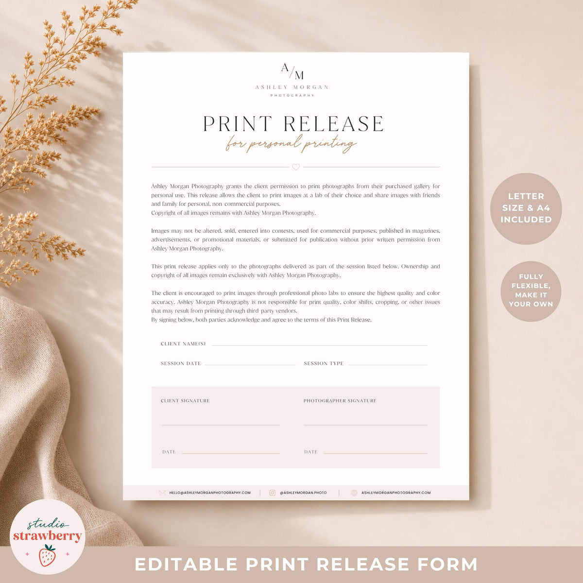 Photography print permission form for professional photographers and studios