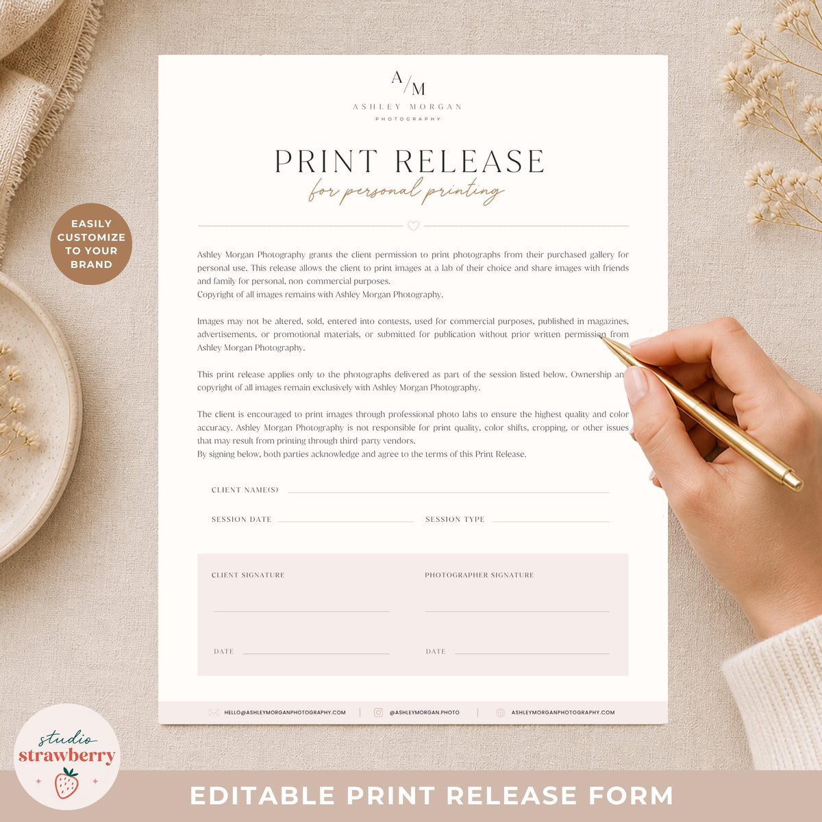 Client print release form photographer template with editable text and branding