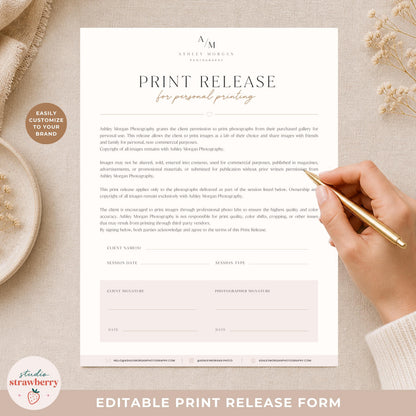 Client print release form photographer template with editable text and branding