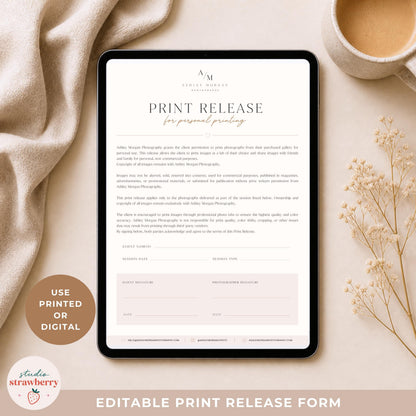 Photography client print release document for personal printing rights