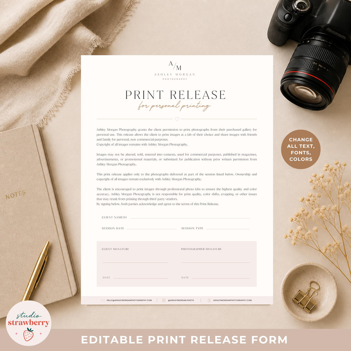 Personal printing release form template editable in Canva
