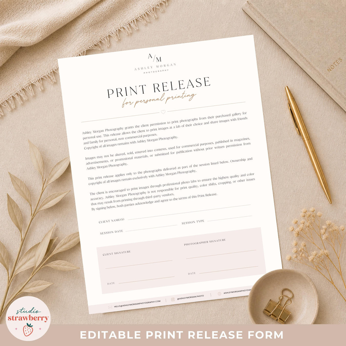 Editable photographer print release form template in Canva for photography clients
